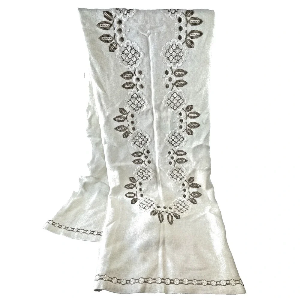 Ivory Table Cloth  W/ Handmade Floral Cross Stitch‎ & Embroidery 35 X 65